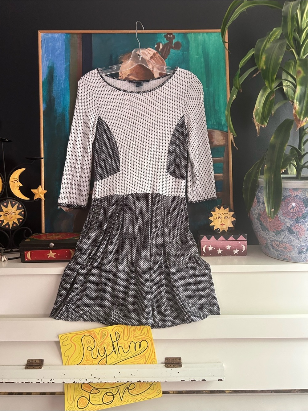 French Connection Black White Geometric Fit & Flare Dress Size US 8